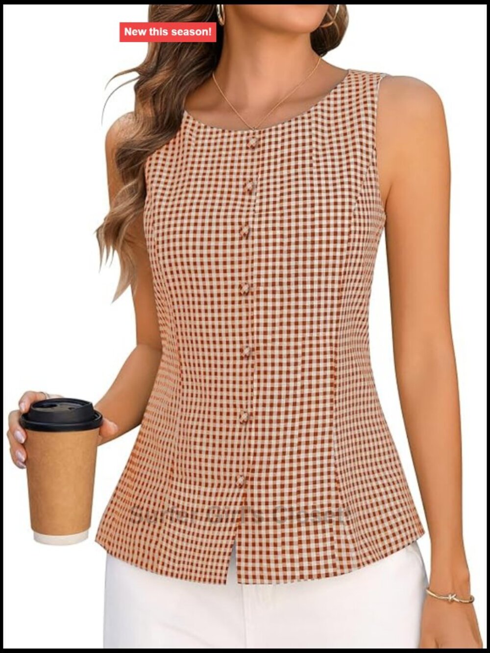 Women's Plaid Tank Top Sleeveless Button Down Cotton Cinch Waist Business Casual